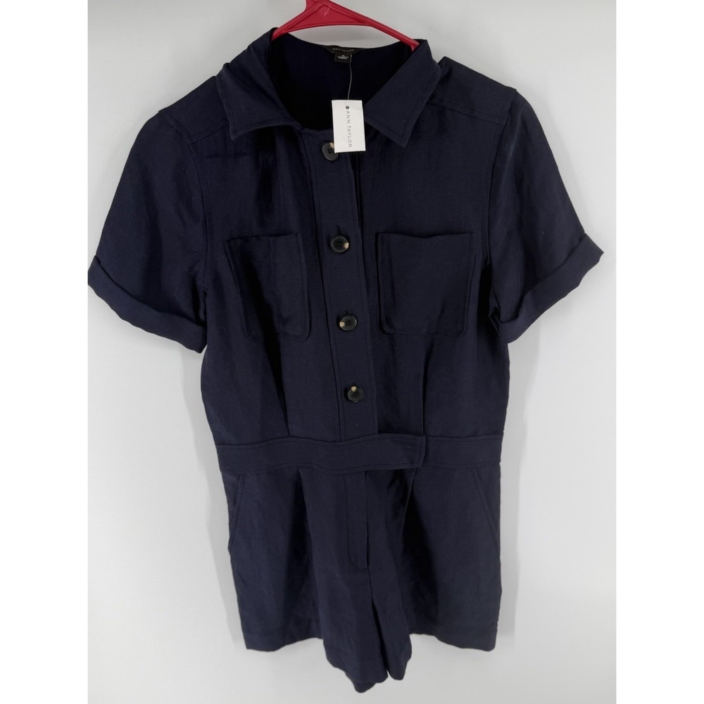 Ann Taylor Romper Size 6 Linen Blend Nautical Minimalist Resort Beach Pockets